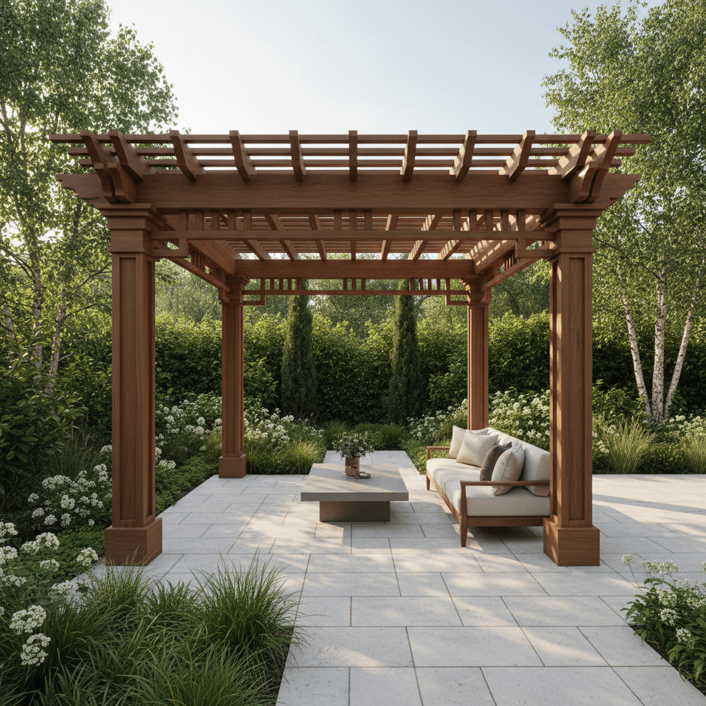 Luxurious patio with custom wooden pergola and geometric shadow patterns in landscaped garden