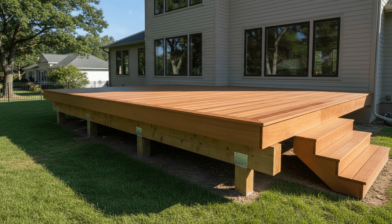 Finished wooden deck with stairs and professional construction framing on residential home