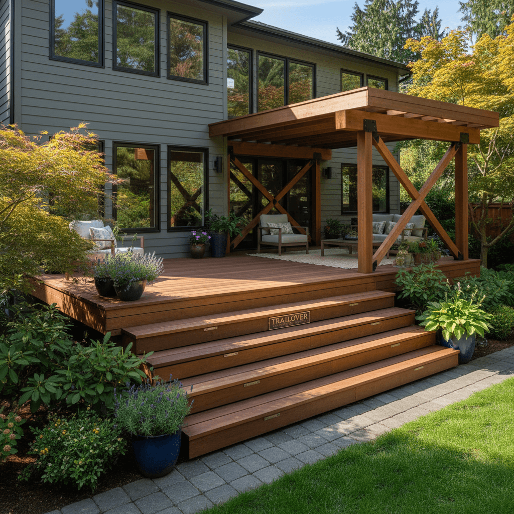 High-quality finished wooden deck with stairs showcasing expert construction on a residential home