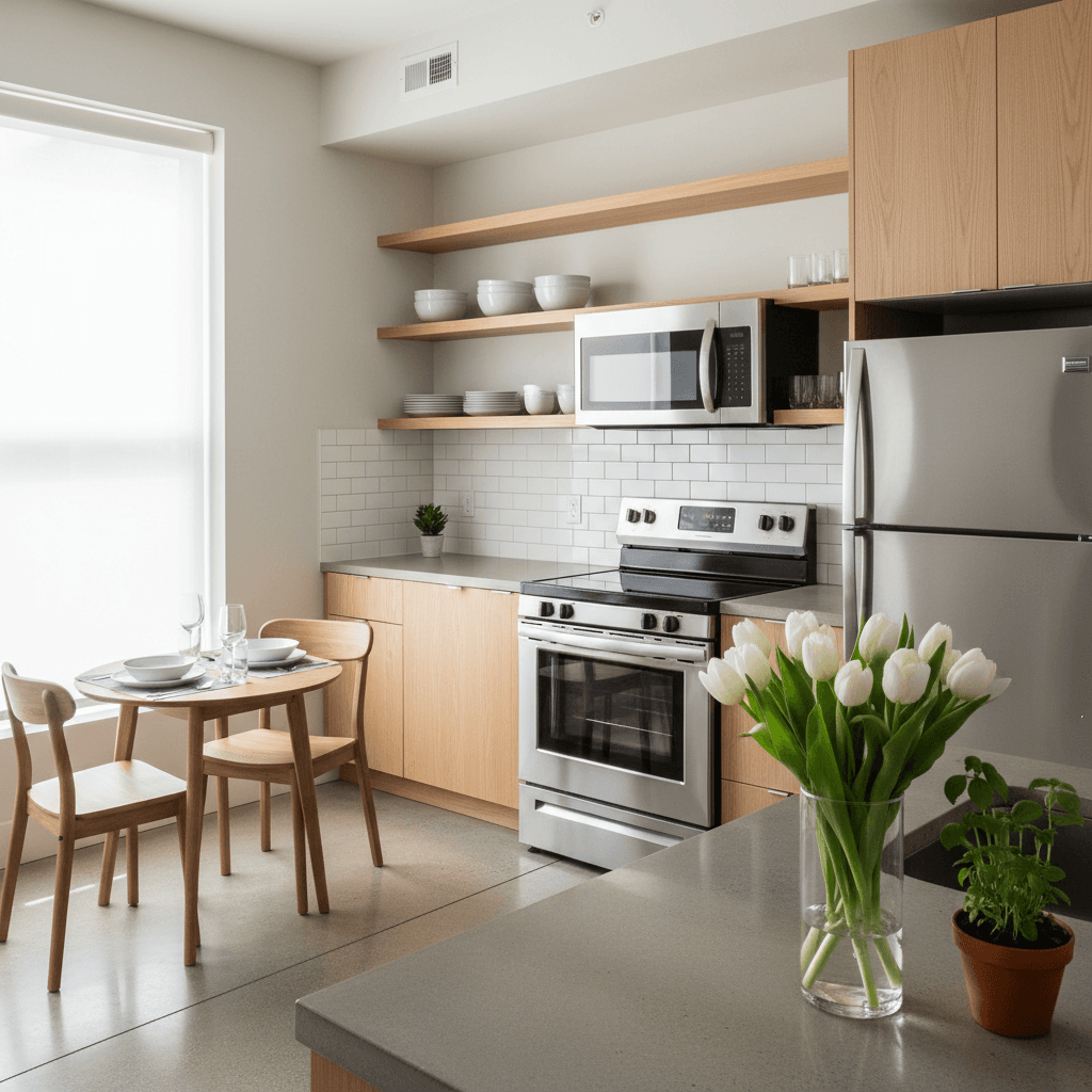 Bright compact kitchen with modern appliances, organized open shelving, and ready-to-use dining setup