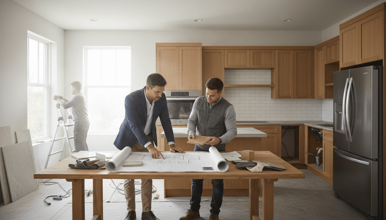 Contractor discussing home remodeling plans with homeowner in bright kitchen space