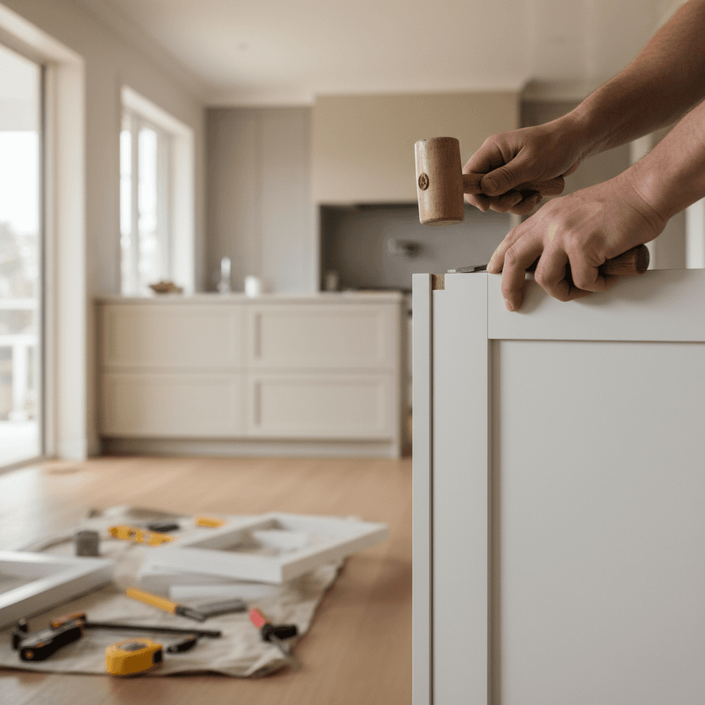 Skilled carpenter installing custom trim work in a beautifully remodeled home interior