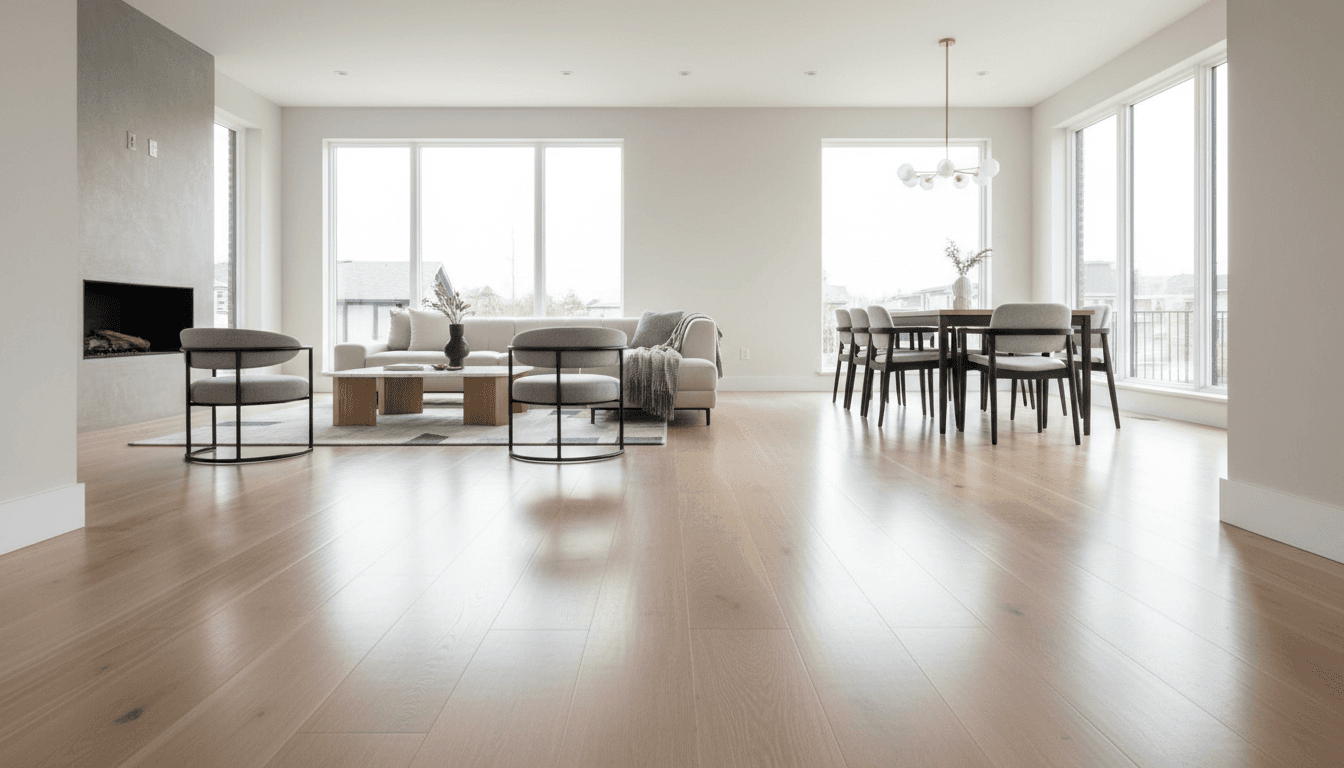 Open living area with refinished flooring and structural beam installation