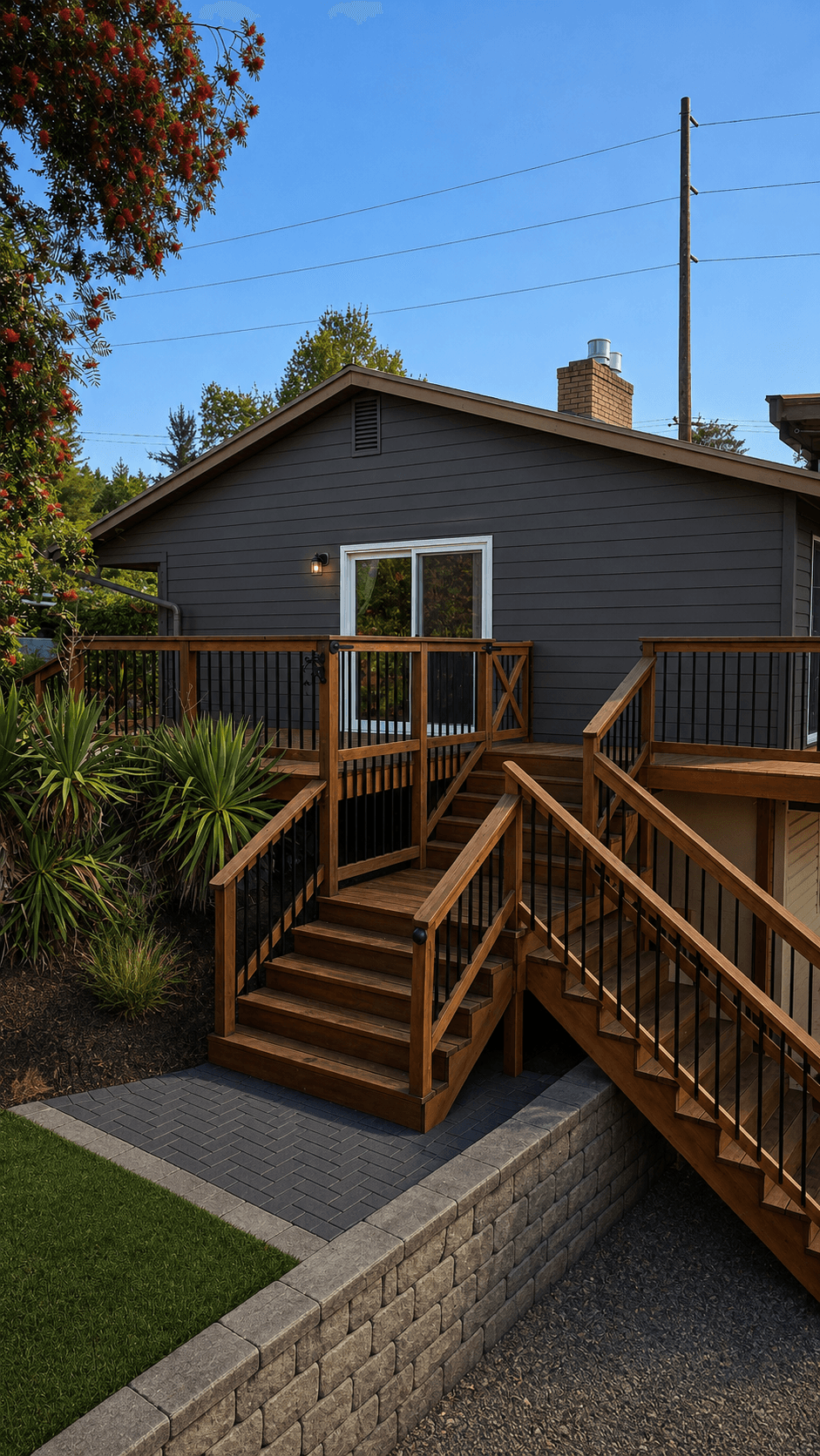 Dark gray house with a wooden deck and stairs leading to a stone block patio.